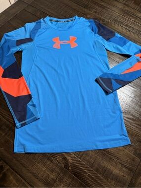 Under Armour Bright Blue Long Sleeve Performance Top with Orange Logo